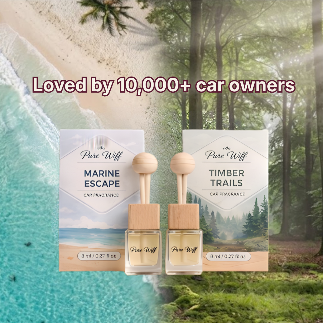 Two car air freshener bottles with scenic packaging on a split background of beach and forest.