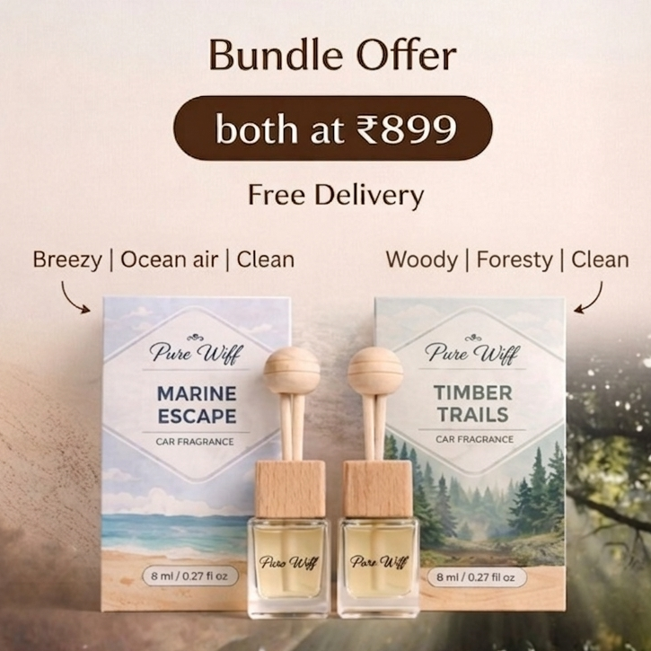 Premium Car fragrances with 'Marine Escape' and 'Timber Trails' scents, showing product packaging and bundle offer details.